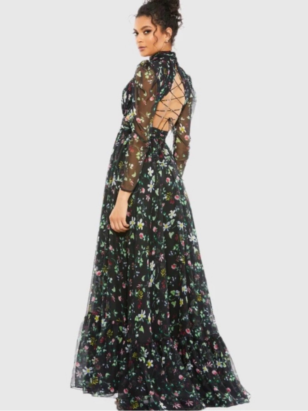 Mac Duggal Black Multicolor Floral High Neck Puff Sleeve Lace Up Back Gown - Picture 3 of 10